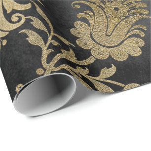 Papier Cadeau Graphite noir floral de damassé de cottage d'or
