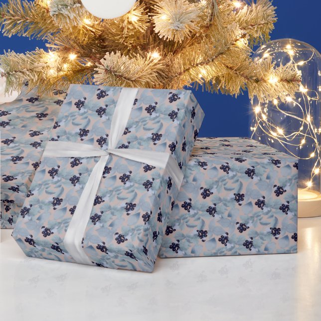 Papier Cadeau Grappes De Cassis, Feuilles Bleues Sur Beige (Vacances)