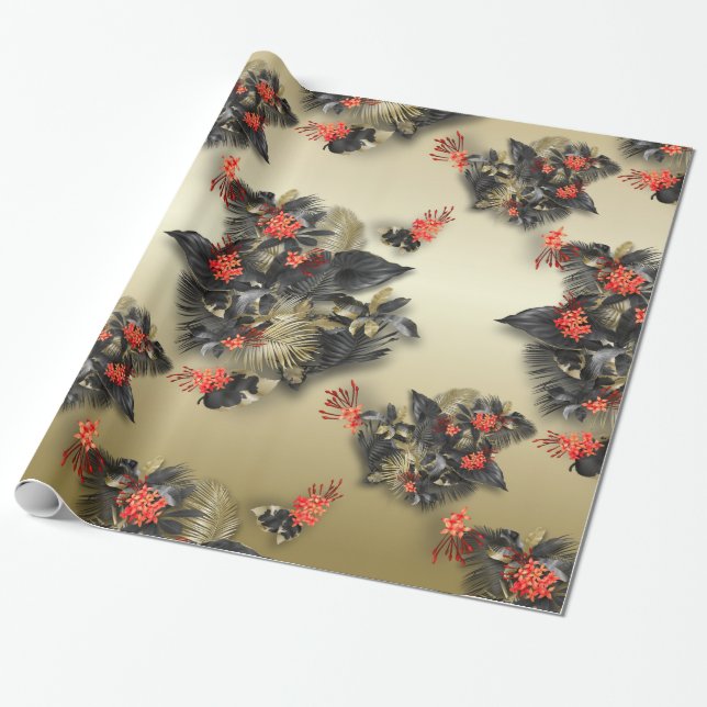 Papier Cadeau Gras Exotic Gold Tropical Island Foliage (Déroulé)