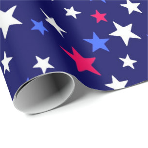 Papier Cadeau Gras Rouge, Bleu Patriotique et Étoiles Blanches