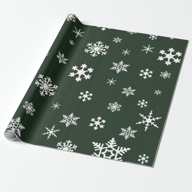 Papier Cadeau Gras Snowflakes blanc sur Dark À feuillage persist (Déroulé)