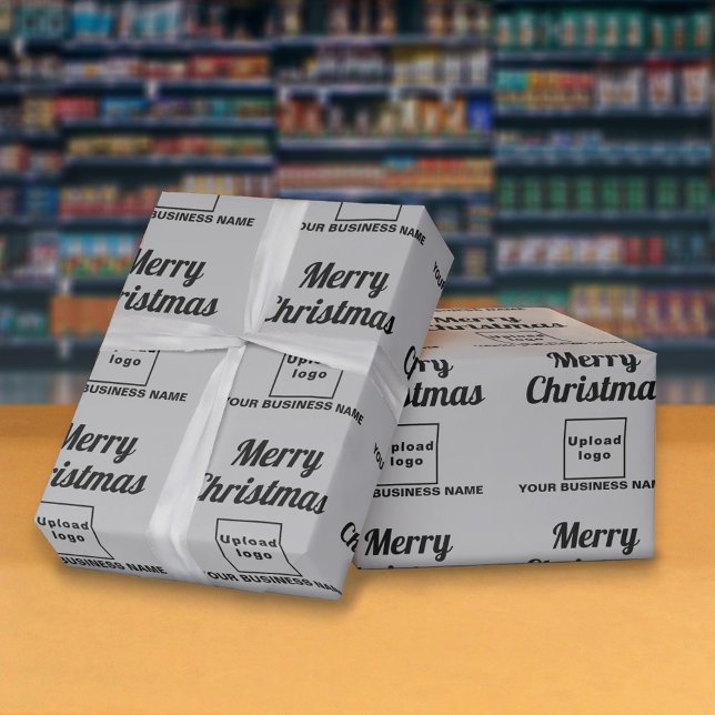 Papier Cadeau Gray | Business | Papier d'enveloppement de Noël (Business name and logo with Merry Christmas greeting on gray wrapping paper)