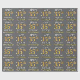 Papier Cadeau Gray, Faux Gold "HAPPY 35th BIRTHDAY"