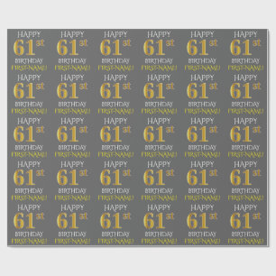 Papier Cadeau Gray, Faux Gold "HAPPY 61st BIRTHDAY"