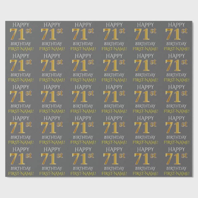 Papier Cadeau Gray, Faux Gold "HAPPY 71st BIRTHDAY" (Plat)