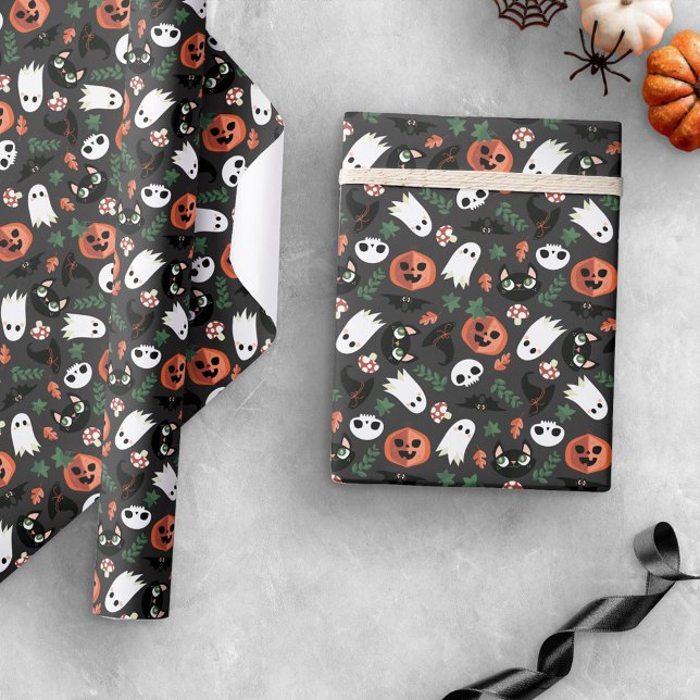 Papier Cadeau Gray Ghosts Chats Citrouilles Halloween Motif (Créateur téléchargé)