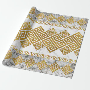Papier Cadeau Grec Meander - Clé grecque Marbre blanc et or