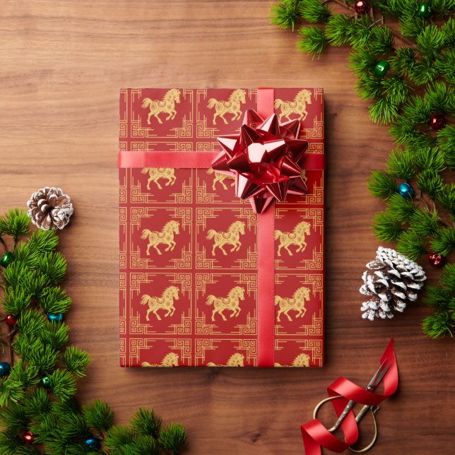 Papier Cadeau Greek Ornament Frame Golden Horse Pattern Red  (Cadeau de vacances)