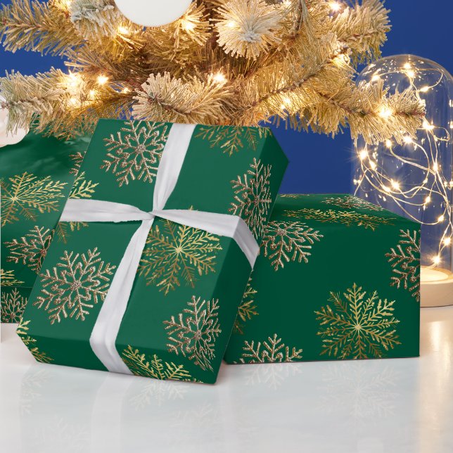 Papier Cadeau Green Elegant Gold Snowflakes Pattern New Year (Vacances)