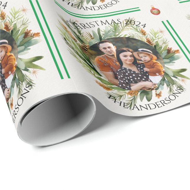 Papier Cadeau Green Foliing Feuilles Famille Photo Joyeux Noël (Coin rond)