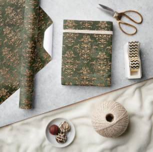 Papier Cadeau Green Gold Damask Elegant Rustic Holiday