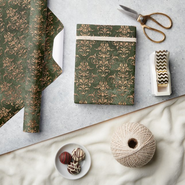 Papier Cadeau Green Gold Damask Elegant Rustic Holiday (Artisanat)