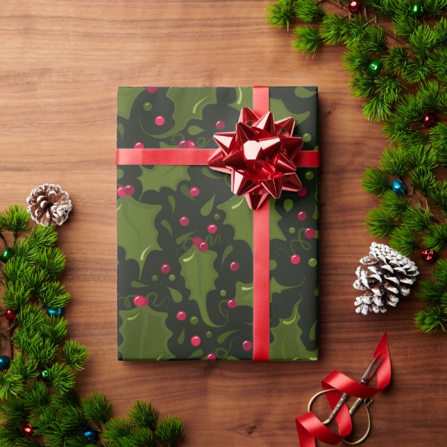 Papier Cadeau Green Holly Feuilles Red Berries Noël (Cadeau de vacances)
