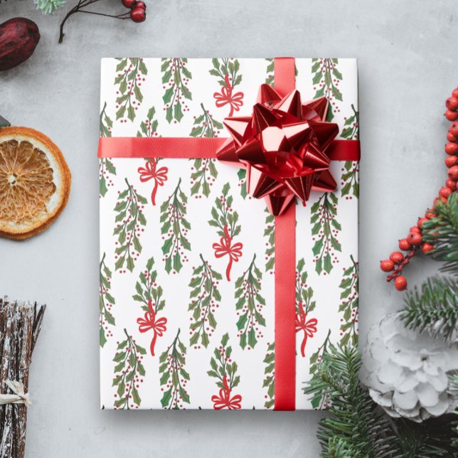Papier Cadeau Green Holly Garland avec Red Bows Noël (Christmas holiday gift wrapping paper with a pattern of green holly sprigs and red looping bows)