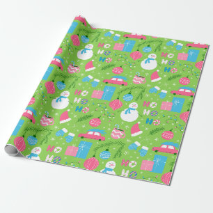 Papier Cadeau Green Pink Blue Snowmen Orament Noël
