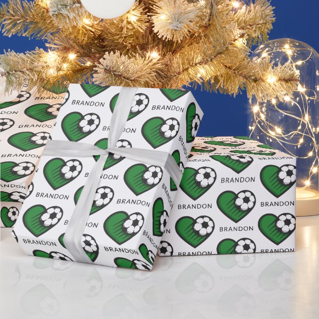 Papier Cadeau Green Soccer Love Kids Joueurs Nom et balle rayé (Vacances)