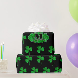 Papier Cadeau Green Sparkly Shamrock Monogramme St Patrick