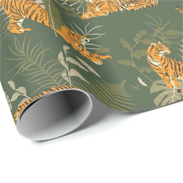 Papier Cadeau Green Tiger Jungle Safari papier enveloppement rou (Coin rond)