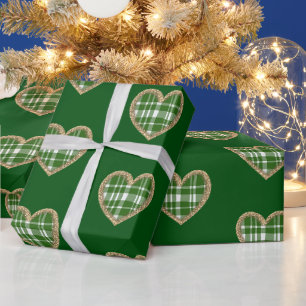 Papier Cadeau Green White Plaid Gold Parties scintillant Coeur v