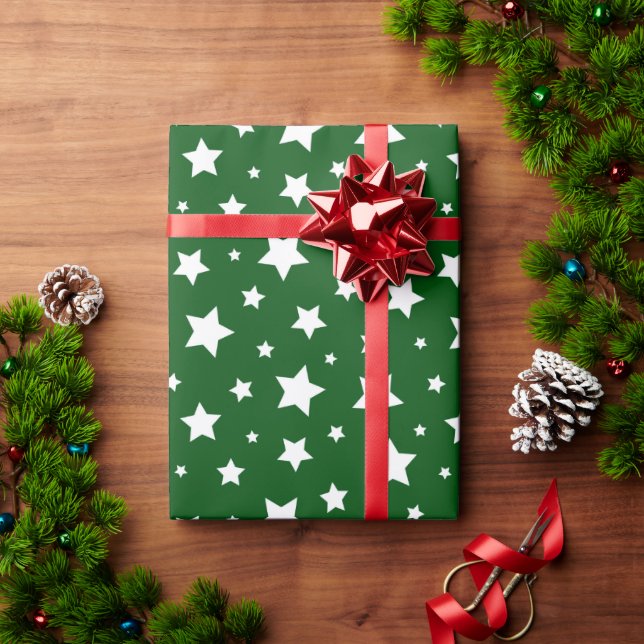 Papier Cadeau Green White Stars Noël (Cadeau de vacances)
