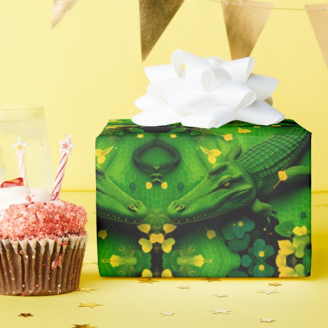 Papier Cadeau Green Yellow Alligator Crocodile Dragon Artistic  (Fête d'anniversaire)