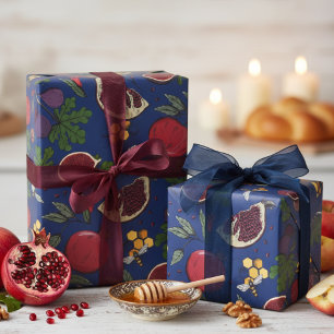 Papier Cadeau Grenades, Figues et Abeilles Bleu Marine