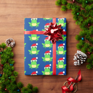 Papier Cadeau Grenouille de Noël Santa Hat Motif Bleu Nouveauté