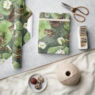 Papier Cadeau Grenouilles nénuphars verts et blancs