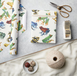 Papier Cadeau Grenouilles sur blanc naturel