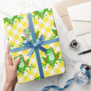 Papier Cadeau Grenouilles vertes sur En vichy jaune