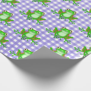 Papier Cadeau Grenouilles vertes sur En vichy pourpre