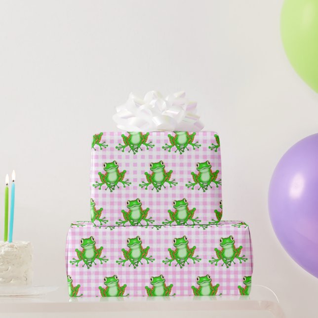 Papier Cadeau Grenouilles vertes sur En vichy rose (Cadeaux de fête)