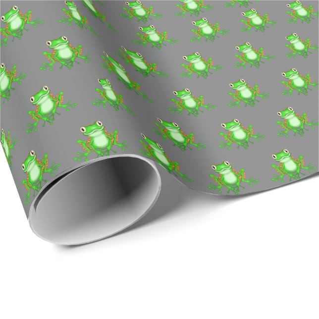 Papier Cadeau Grenouilles Vertes Sur Gris (Coin rond)