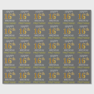 Papier Cadeau Grey, Faux Gold "HAPPY 16th BIRTHDAY"