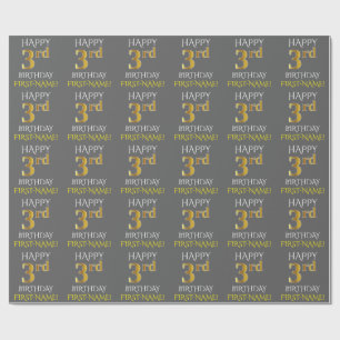 Papier Cadeau Grey, Faux Gold "HAPPY 3rd BIRTHDAY"