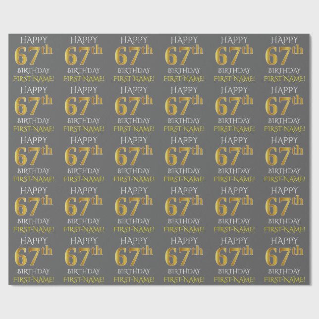Papier Cadeau Grey, Faux Gold "HAPPY 67th BIRTHDAY" (Plat)