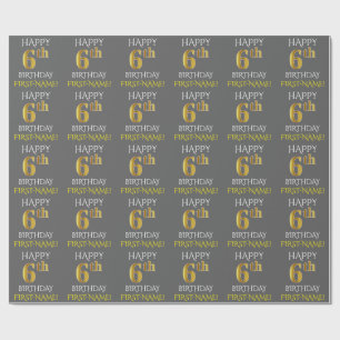 Papier Cadeau Grey, Faux Gold "HAPPY 6th BIRTHDAY"