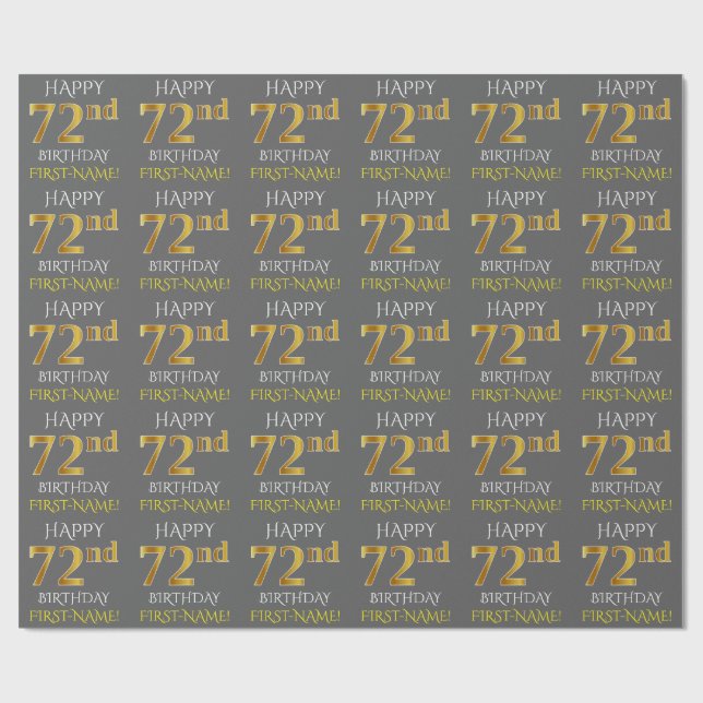 Papier Cadeau Grey, Faux Gold "HAPPY 72nd BIRTHDAY" (Plat)