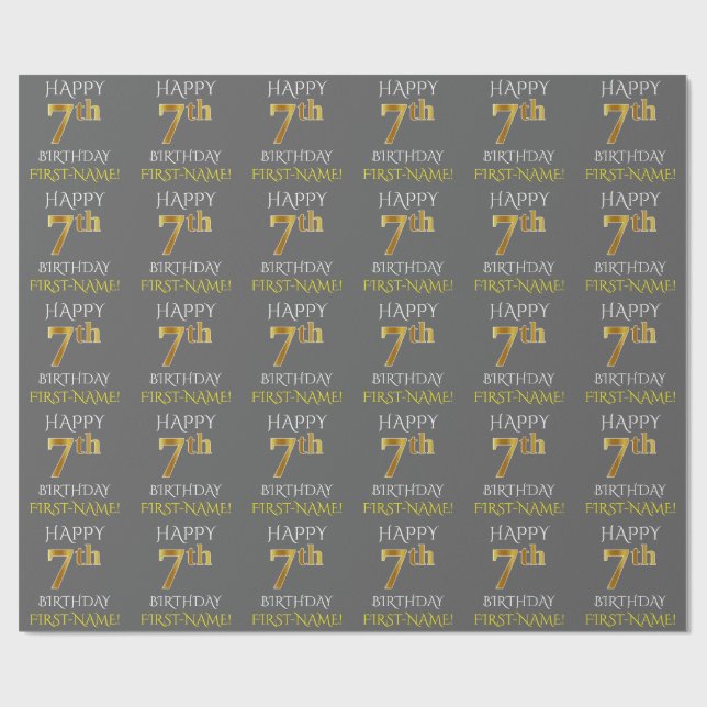Papier Cadeau Grey, Faux Gold "HAPPY 7th BIRTHDAY" (Plat)