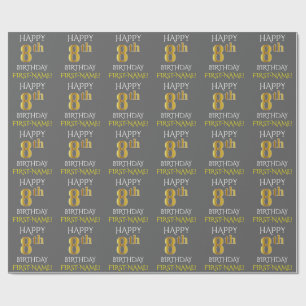 Papier Cadeau Grey, Faux Gold "HAPPY 8th BIRTHDAY"