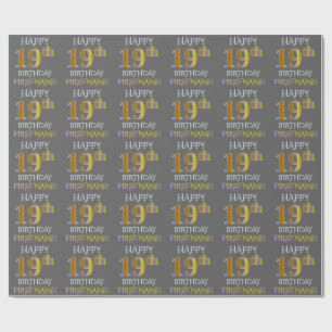 Papier Cadeau Grey, Faux Gold "HEUREUX 19e anniversaire"