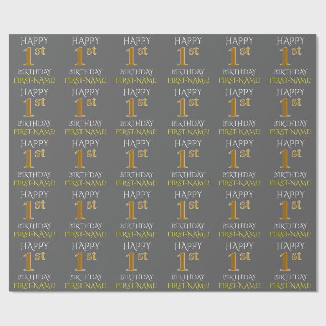 Papier Cadeau Grey, Faux Gold "HEUREUX 1er anniversaire" (Plat)