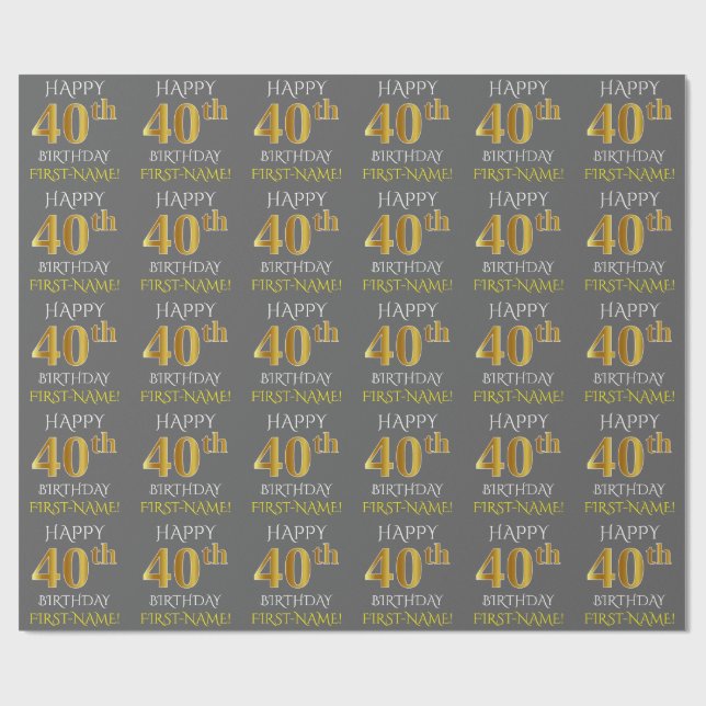 Papier Cadeau Grey, Faux Gold "HEUREUX 40e anniversaire" (Plat)