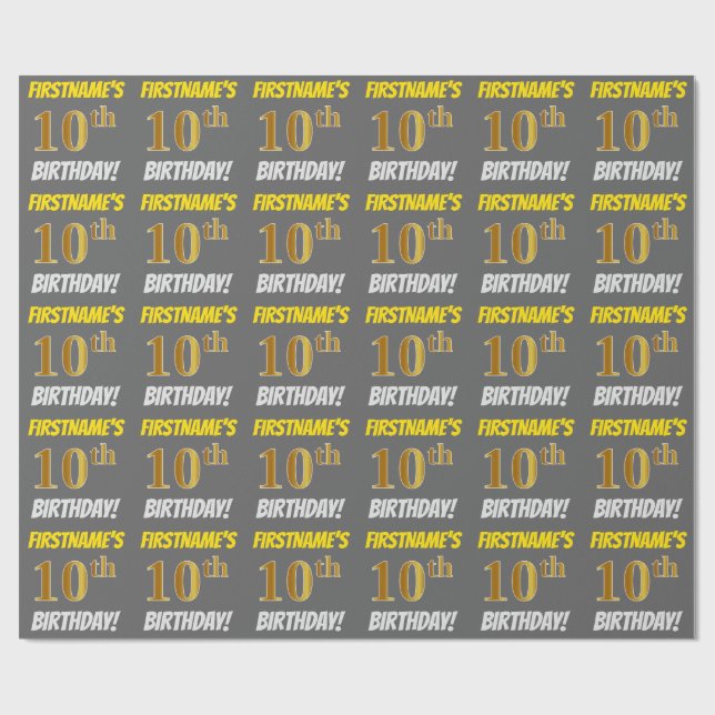 Papier Cadeau Grey, Faux/Imitation Gold, "10e ANNIVERSAIRE" (Plat)