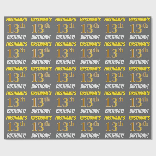 Papier Cadeau Grey, Faux/Imitation Gold, "13e anniversaire" (Plat)
