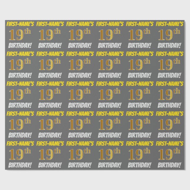 Papier Cadeau Grey, Faux/Imitation Gold, "19e anniversaire" (Plat)