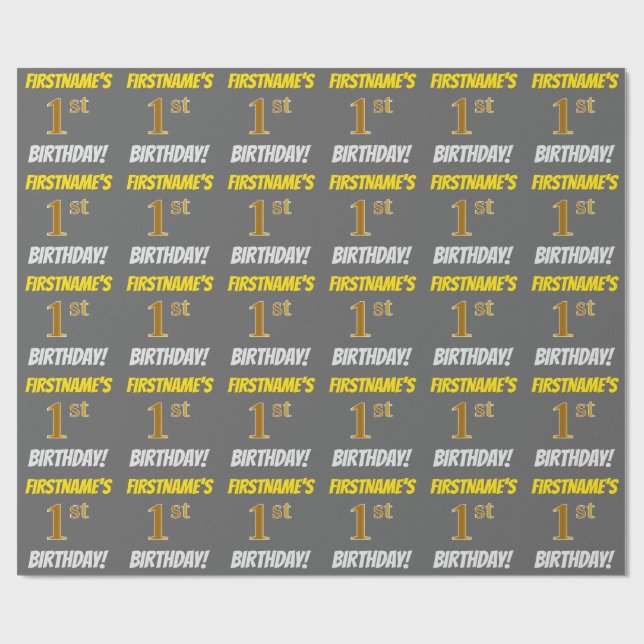 Papier Cadeau Grey, Faux/Imitation Gold, "1er anniversaire" (Plat)
