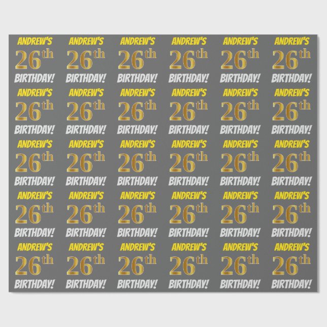 Papier Cadeau Grey, Faux/Imitation Gold, "26e ANNIVERSAIRE" (Plat)