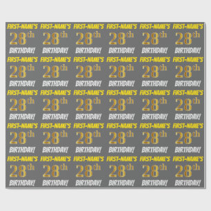 Papier Cadeau Grey, Faux/Imitation Gold, "28e ANNIVERSAIRE"
