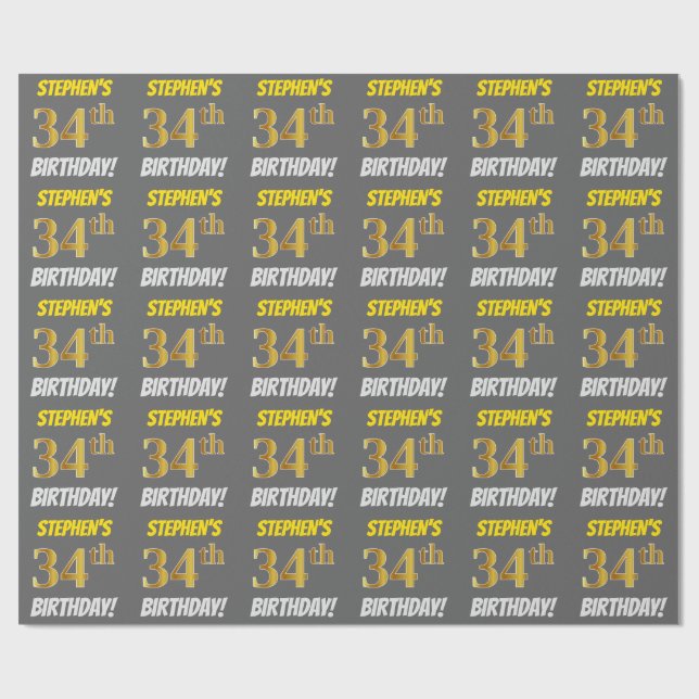 Papier Cadeau Grey, Faux/Imitation Gold, "34e anniversaire" (Plat)